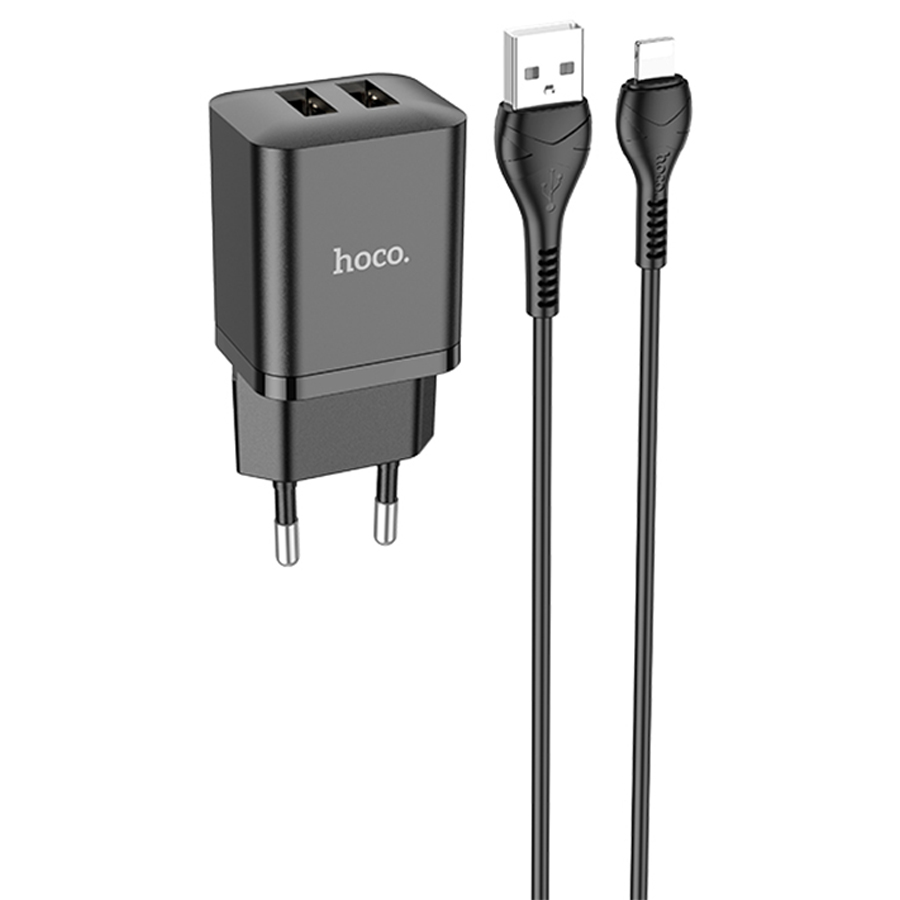 Сетевое зарядное устройство HOCO N25 Maker 2xUSB с Кабелем USB - Lightning, 2.1A, 10W, черный фото