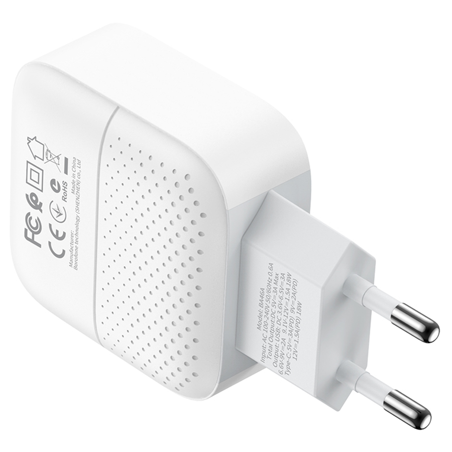 Сетевое зарядное устройство BOROFONE BA46A Premium 1xUSB + 1xUSB-C, 3A, 18W, белый фото