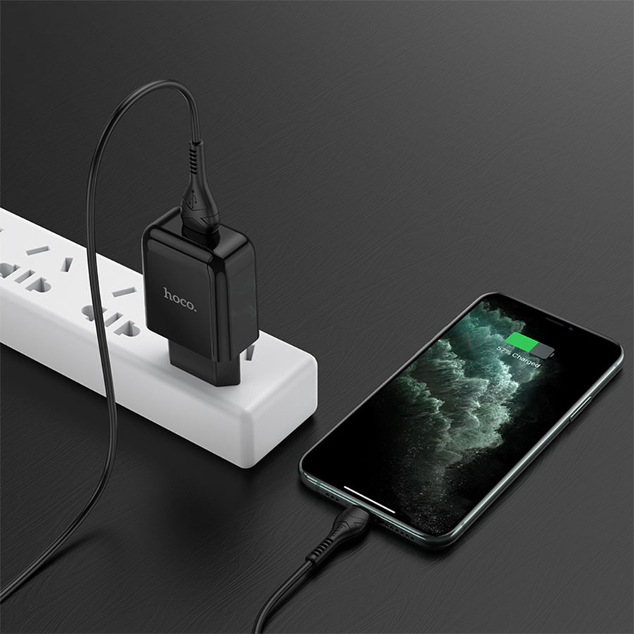 Сетевое зарядное устройство HOCO N2 Vigour single 1xUSB с Кабелем USB - Lightning, 2A, 10W, черный фото