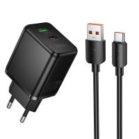 Сетевое зарядное устройство HOCO C157A Smart 1xUSB + 1xUSB-C с Кабелем USB - Type-C, 3A, 30W, черный фото