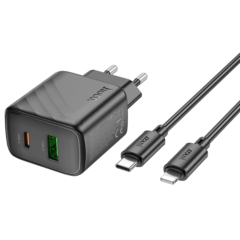 Сетевое зарядное устройство HOCO CS23A Sunlight 1xUSB + 1xUSB-C с Кабелем Type-C - Lightning, 3A, 30W, черный фото