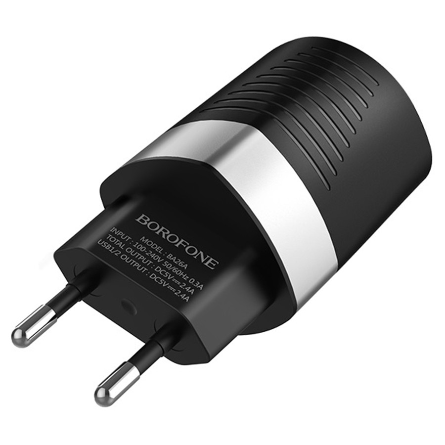 Сетевое зарядное устройство BOROFONE BA26A Mighty 2xUSB, 2.4A, черный фото