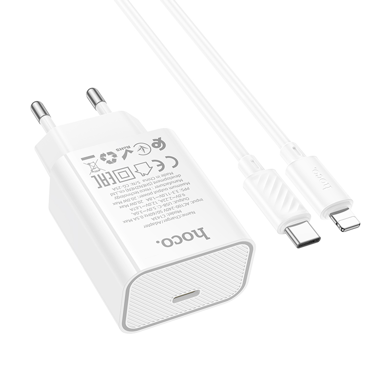 Сетевое зарядное устройство HOCO C143A Benefit 1xUSB-C с Кабелем Type-C - Lightning, 20W, белый фото