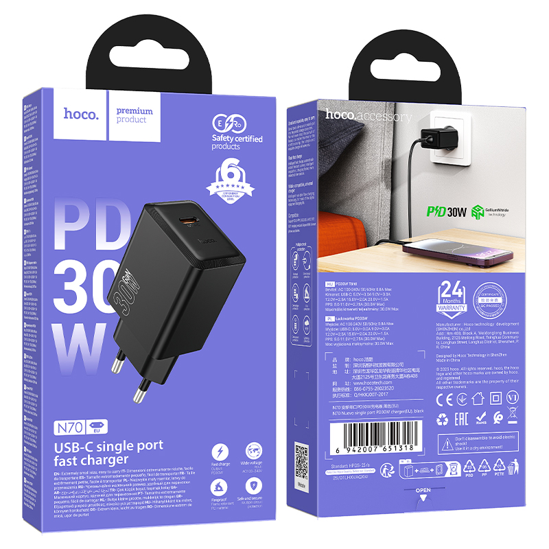 Сетевое зарядное устройство HOCO N70 Nuevo 1xUSB-C, 30W, черный фото