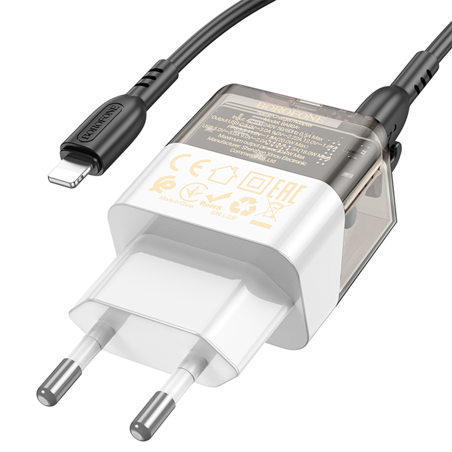 Сетевое зарядное устройство BOROFONE BA80A Scenery 1xUSB + 1xUSB-C с Кабелем Type-C - Lightning, 20W, черный фото