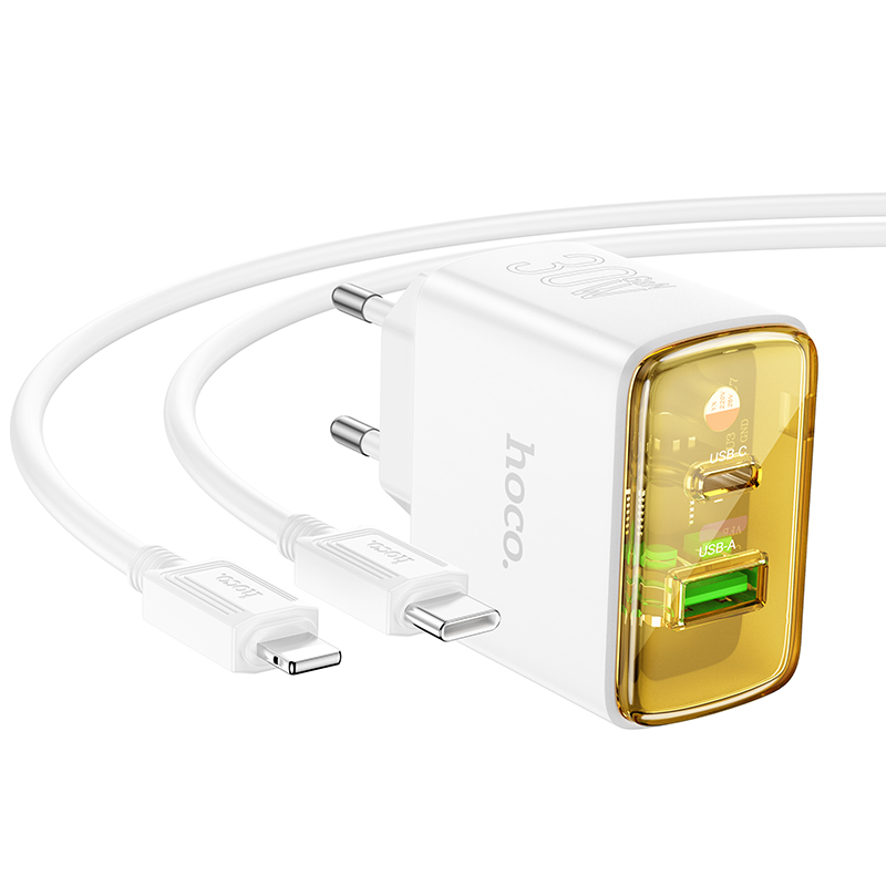 Сетевое зарядное устройство HOCO CS42A Smart 1xUSB + 1xUSB-C с Кабелем Type-C - Lightning, 3A, 30W, белый фото