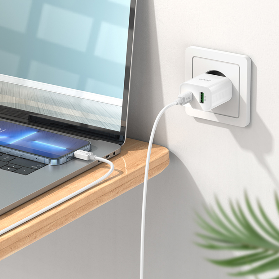 Сетевое зарядное устройство HOCO C80A Plus 1xUSB + 1xUSB-C с Кабелем Type-C - Lightning, 3.0A, 20W, белый фото