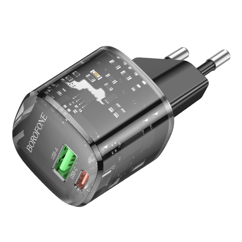 Сетевое зарядное устройство BOROFONE BN17 Sunlight 1xUSB + 1xUSB-C, 3A, 20W, прозрачный черный фото