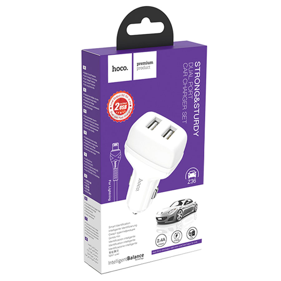 Автомобильное зарядное устройство HOCO Z36 Leader, 2xUSB с Кабелем USB - Lightning, 2.4A, белый фото