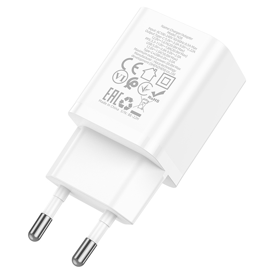 Сетевое зарядное устройство HOCO N28 Founder 1xUSB + 1xUSB-C, 20W, белый фото