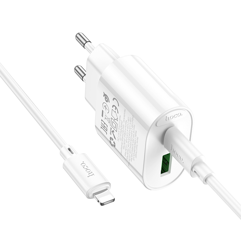 Сетевое зарядное устройство HOCO C109A Fighter 1xUSB + 1xUSB-C с Кабелем Type-C - Lightning, 3A, 20W, белый фото
