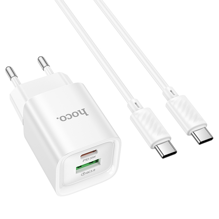 Сетевое зарядное устройство HOCO C147A Charm 1xUSB + 1xUSB-C с Кабелем Type-C - Type-C, 3A, 20W, белый фото