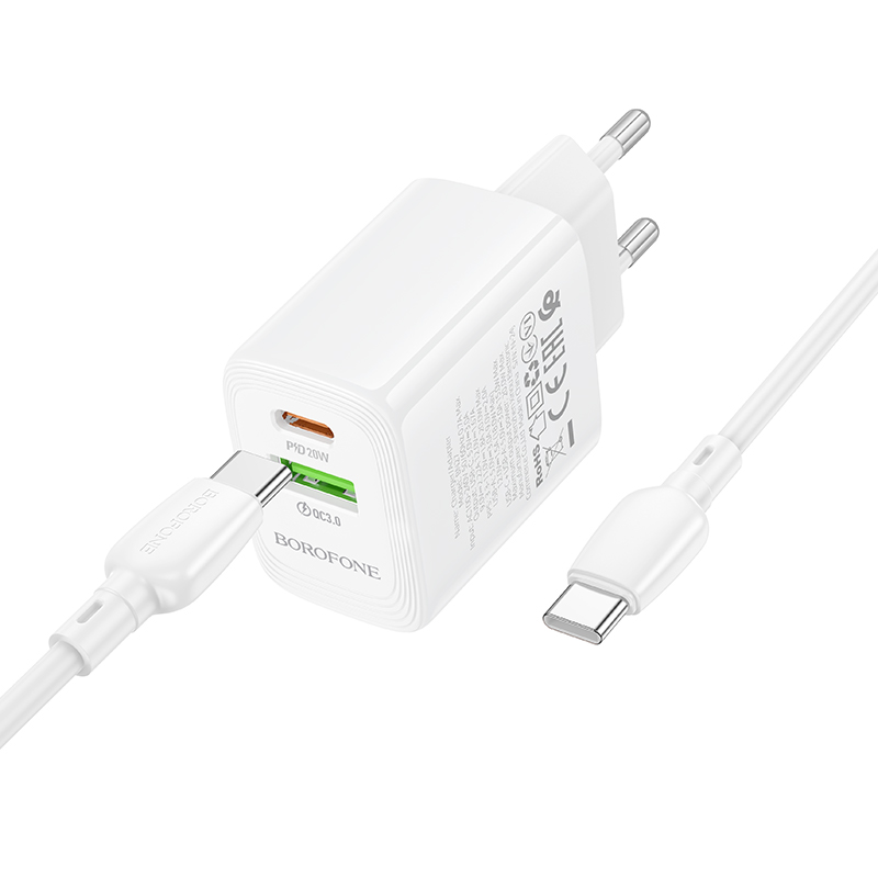 Сетевое зарядное устройство BOROFONE BN27 Fuente 1xUSB + 1xUSB-C с Кабелем Type-C - Type-C, 3A, 20W, белый фото