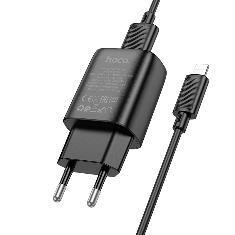 Сетевое зарядное устройство HOCO C134A Solid 1xUSB с Кабелем USB - Lightning, 2.4A, черный фото