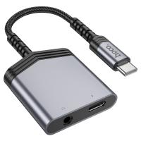 Переходник/Адаптер HOCO LS39 Type-C (m) - Jack 3.5 (f) / Type-C (f), 8 см, серый металлик фото