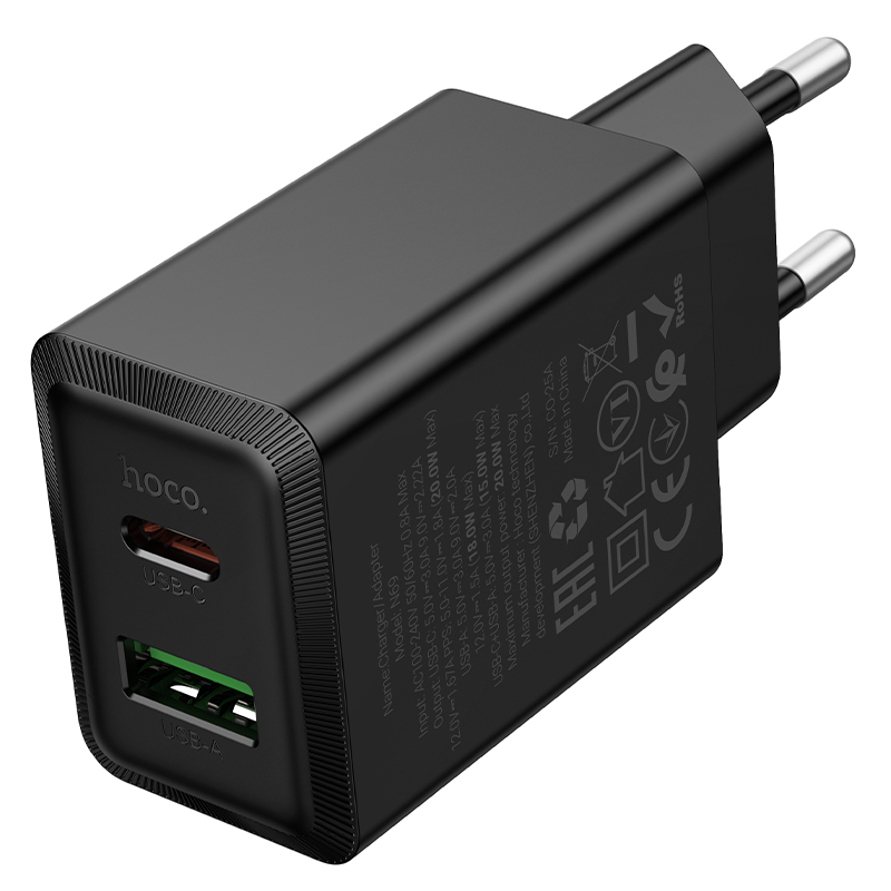 Сетевое зарядное устройство HOCO N69 Nuevo 1xUSB + 1xUSB-C, 3A, 20W, черный фото