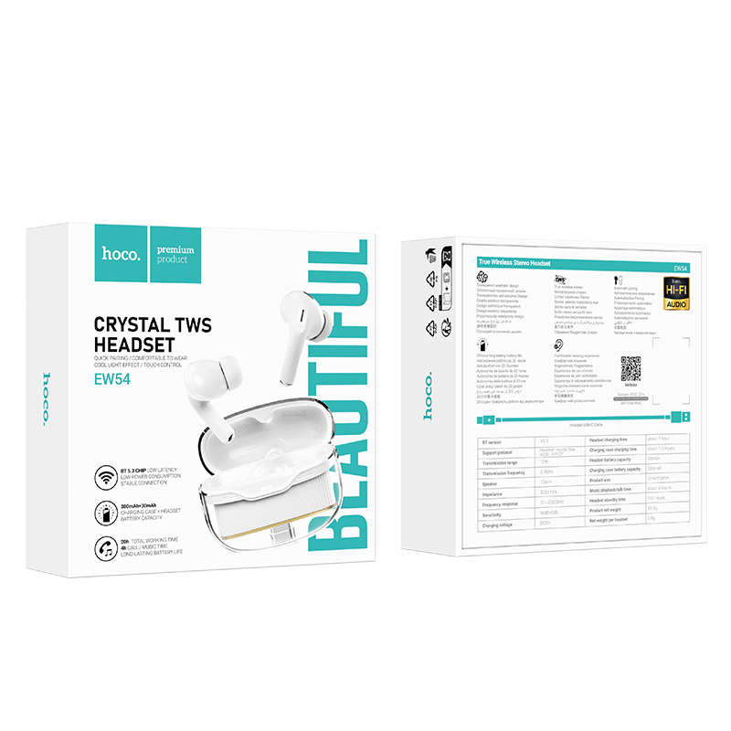 Беспроводные наушники TWS HOCO EW54 Rayo, Bluetooth 5.3, белый фото