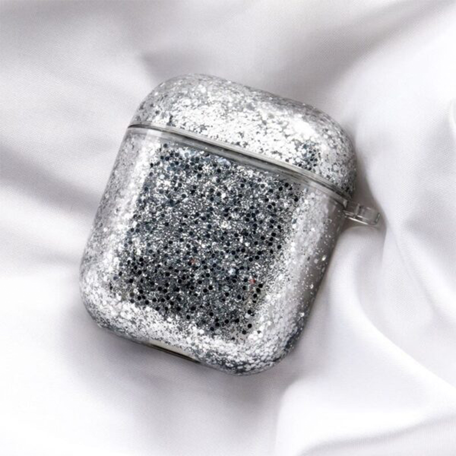 Чехол пластиковый Kingxbar со шнурком для Airpods 2, прозрачный, серебрянные блестки (30) фото
