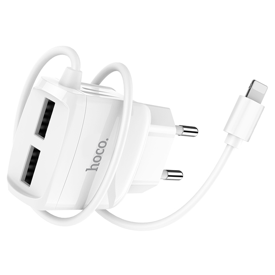 Сетевое зарядное устройство HOCO C59A Mega Joy 2xUSB с Кабелем Lightning, 2.4A, 10.8W, белый фото