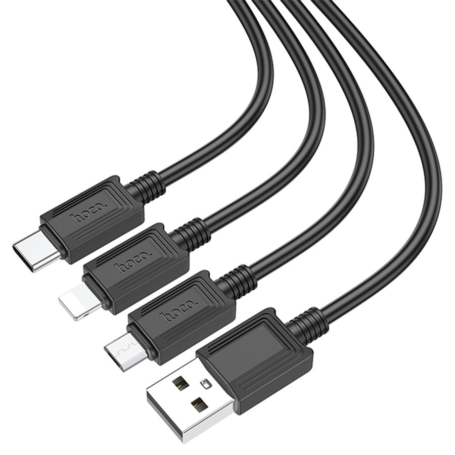 Кабель USB HOCO X74 3 в 1 USB - Type-C + Lightning + MicroUSB, 2А, 1 м, черный фото