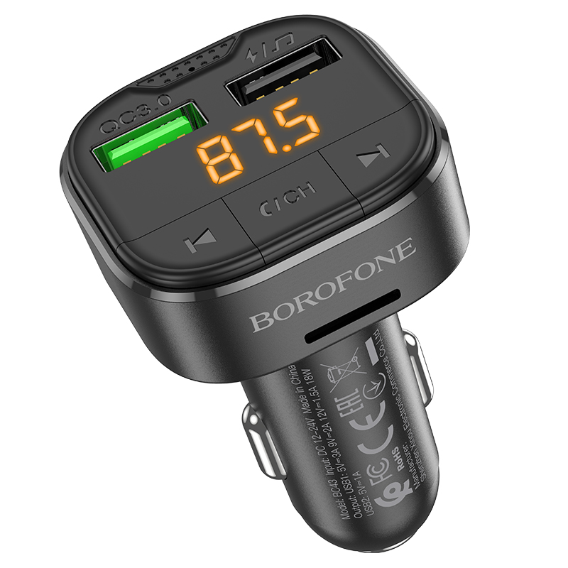 Автомобильное зарядное устройство с FM-Трансмиттер BOROFONE BC43 Flash, 2xUSB, 1A, 18W, черный фото