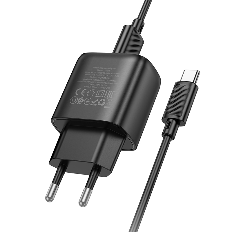 Сетевое зарядное устройство HOCO C140A Smart 1xUSB с Кабелем USB - Type-C, 18W, черный фото