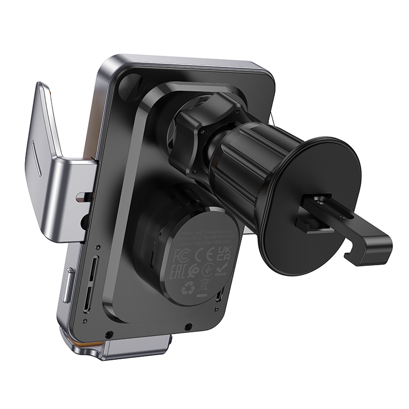 Автомобильный держатель HOCO HW7 Transparent, зажимной с беспроводной зарядкой, 15W, на воздуховод, серый металлик фото