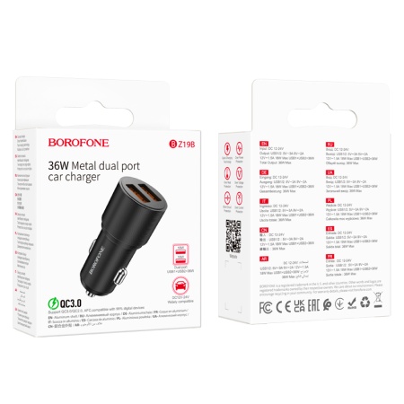 Автомобильное зарядное устройство BOROFONE BZ19B Wisdom, 2xUSB, 36W, черный фото