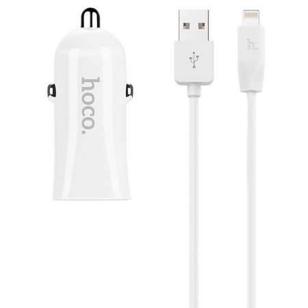 Автомобильное зарядное устройство HOCO Z12 Elite, 2xUSB с Кабелем USB - Lightning, 2.4A, белый фото