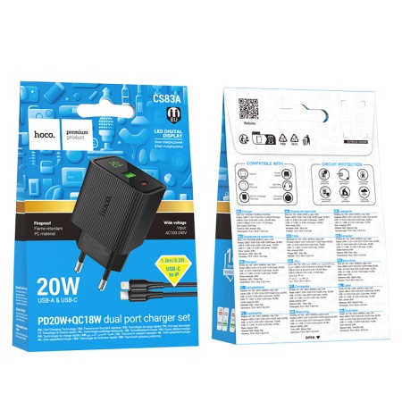 Сетевое зарядное устройство HOCO CS83A Excellent 1xUSB + 1xUSB-C с Кабелем Type-C - Lightning, 3A, 20W, черный фото