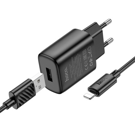 Сетевое зарядное устройство HOCO C134A Solid 1xUSB с Кабелем USB - Lightning, 2.4A, черный фото
