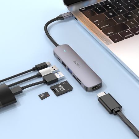USB HUB разветвитель HOCO HB28 6 в 1 Type-C (m) - USB3.0 + USB2.0 + Type-C PD + HDMI + SD/TF, 14 см, серый металлик фото