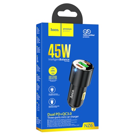 Автомобильное зарядное устройство HOCO NZ6, 1xUSB + 2xUSB-C, 45W, черный фото