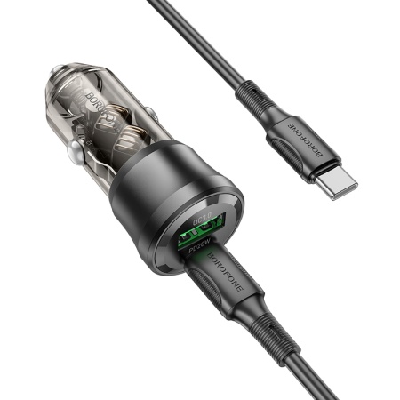 Автомобильное зарядное устройство BOROFONE BZ25 Journey, 1xUSB + 1xUSB-C с Кабелем Type-C - Type-C, 38W, прозрачный черный фото