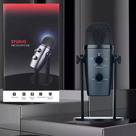 Микрофон универсальный кардиоидный JMARY MC-PW10, Type-C+Bluetooth+AUX, 1.8 м, черный фото