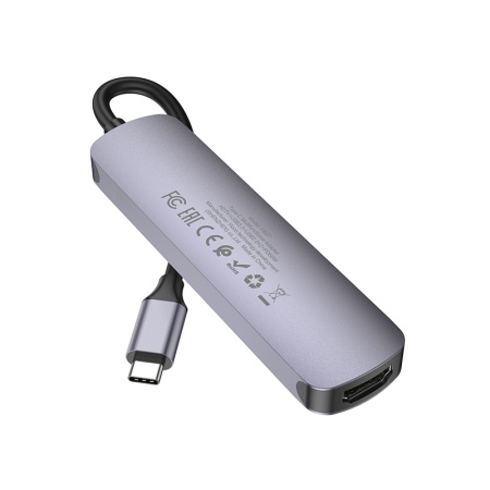 USB HUB разветвитель HOCO HB27 5 в 1 Type-C (m) - USB3.0 + 2xUSB2.0 + Type-C PD + HDMI, 14 см, серый металлик фото