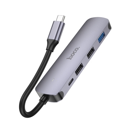 USB HUB разветвитель HOCO HB27 5 в 1 Type-C (m) - USB3.0 + 2xUSB2.0 + Type-C PD + HDMI, 14 см, серый металлик фото