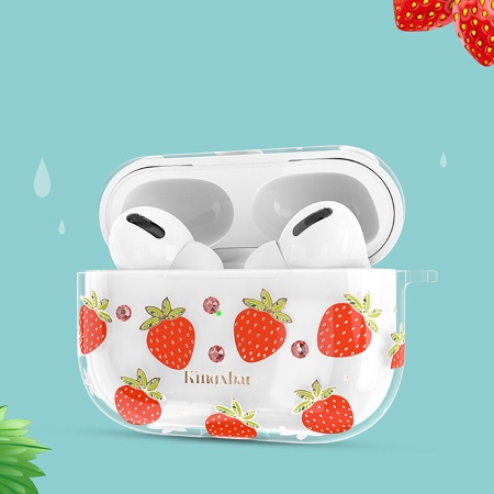 Чехол пластиковый Kingxbar со шнурком для Airpods Pro, прозрачный, клубника (2) фото