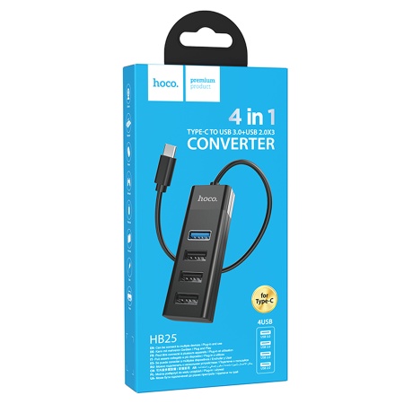 USB HUB разветвитель HOCO HB25 Easy 4 в 1 Type-C (m) - USB3.0 (f) + 3xUSB2.0 (f), черный фото