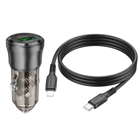 Автомобильное зарядное устройство BOROFONE BZ25 Journey, 1xUSB + 1xUSB-C с Кабелем Type-C - Lightning, 38W, прозрачный черный фото