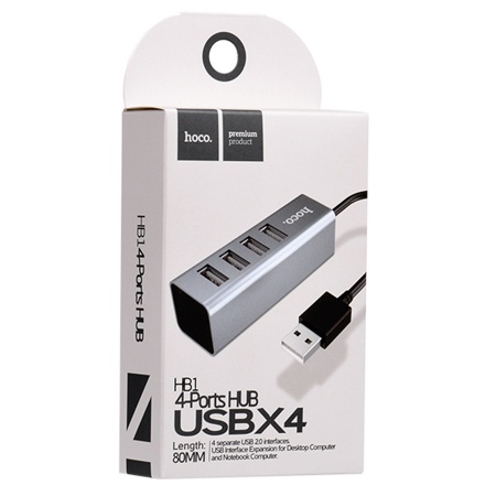 USB HUB разветвитель HOCO HB1 4 в 1 USB2.0 (m) - 4xUSB2.0 (f), 80 см, серебристый фото