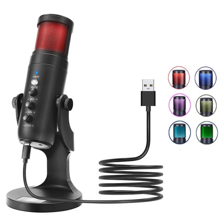 Микрофон универсальный кардиоидный JMARY MC-PW9 RGB, USB/Type-C+Jack 3.5 mm, 1.8 м, черный фото