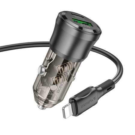 Автомобильное зарядное устройство BOROFONE BZ25 Journey, 1xUSB + 1xUSB-C с Кабелем Type-C - Lightning, 38W, прозрачный черный фото