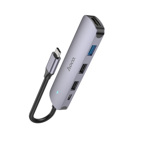 USB HUB разветвитель HOCO HB27 5 в 1 Type-C (m) - USB3.0 + 2xUSB2.0 + Type-C PD + HDMI, 14 см, серый металлик фото