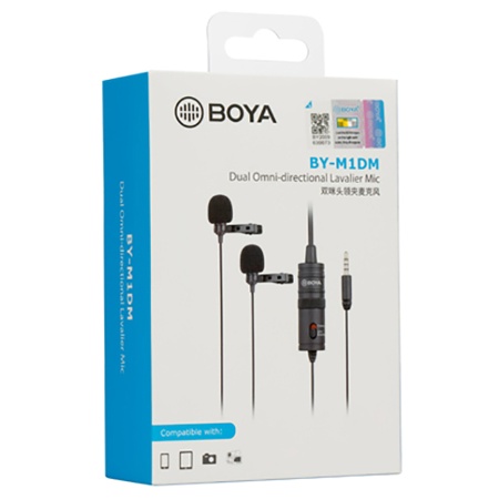 Микрофон петличный проводной BOYA BY-M1DM двойной всенаправленный (B), Jack 3.5mm, черный фото