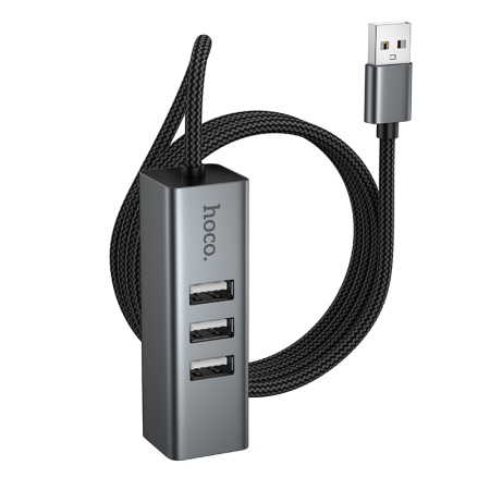 USB HUB разветвитель HOCO HB1D 4 в 1 USB (m) - 3xUSB2.0 (f) + RJ45 (f), 1 м, серый металлик фото