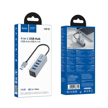 USB HUB разветвитель HOCO HB1B 4 в 1 USB (m) - 4xUSB3.0 (f), 1 м, серый металлик фото