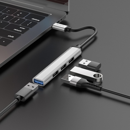 USB HUB разветвитель HOCO HB26 4 в 1 Type-C (m) - USB3.0 (f) + 3xUSB2.0 (f), серебристый фото