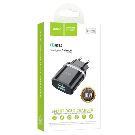 Сетевое зарядное устройство HOCO C12Q Smart 1xUSB, 3A, 18W, черный фото