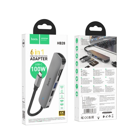 USB HUB разветвитель HOCO HB28 6 в 1 Type-C (m) - USB3.0 + USB2.0 + Type-C PD + HDMI + SD/TF, 14 см, серый металлик фото